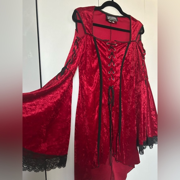 Vintage 90s Lip Service Red Crushed Velvet Black Lace Corset Lace Up Top Goth L - Picture 7 of 9